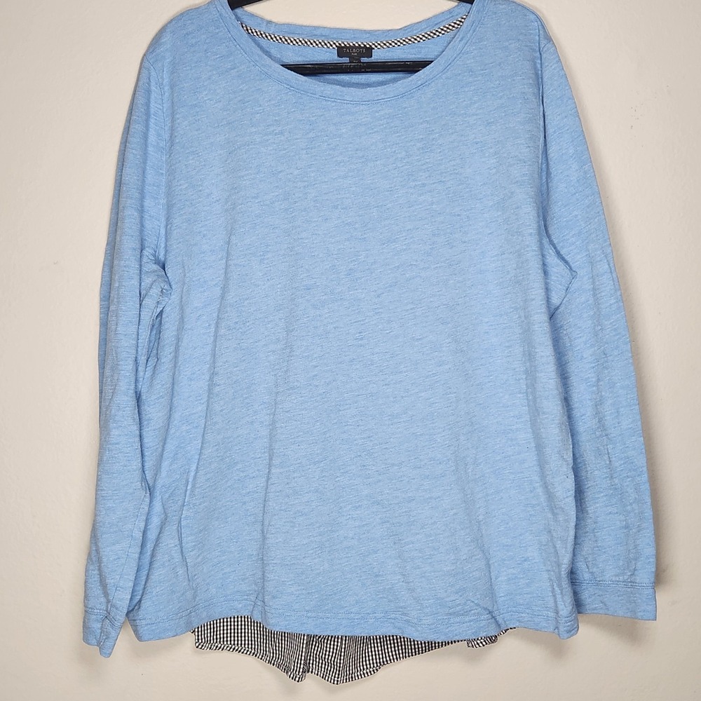 Talbots Women's 2X Blue Crew Neck Ginghamâ Woven Back Pullover Sweater Top